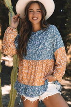 Load image into Gallery viewer, Orange Floral Color Block Ruffled Hem Round Neck Blouse