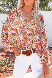 Golden Apricot Floral Print V Neck Long Puff Sleeve Top