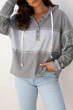Load image into Gallery viewer, Gray Waffle Printed Patchwork Drawstring Hooded Long Sleeve Top