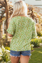 Load image into Gallery viewer, Green Floral Print Ruffle Sleeve V Neck Blouse Top