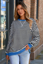 Load image into Gallery viewer, Blue Stripe Contrast Ribbed Trim Crossed Stitch Drop Shoulder Sweatshirt