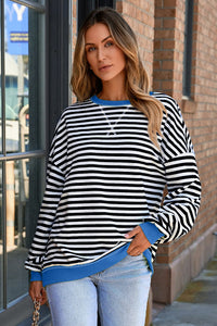 Blue Stripe Contrast Ribbed Trim Crossed Stitch Drop Shoulder Sweatshirt