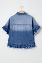 Load image into Gallery viewer, Peacock Blue Raw Edge Ruffled Short Sleeve Denim Jacket