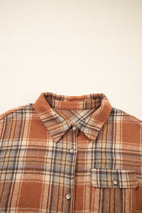 Brown Plaid Print Flap Pocket Buttoned Plus Size Shacket