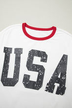 Load image into Gallery viewer, White USA Letter Printed Varsity Striped Sleeve Round Neck Tee