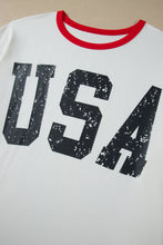 Load image into Gallery viewer, White Retro USA Striped Trim Short Sleeve Plus Size Tee