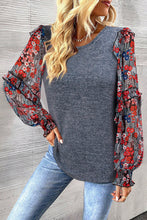 Load image into Gallery viewer, Blue Ruffle Tiered Floral Sleeve Crew Neck Blouse