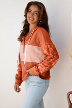 Load image into Gallery viewer, Gray Waffle Printed Patchwork Drawstring Hooded Long Sleeve Top