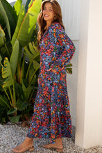 Load image into Gallery viewer, Blue Floral Print Tassel Tie V Neck Long Sleeve Flowy Long Dress