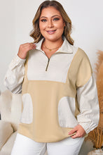 Load image into Gallery viewer, Khaki Stripe Mix Half Zip French Terry Plus Size Sweatshirt