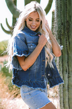 Load image into Gallery viewer, Peacock Blue Raw Edge Ruffled Short Sleeve Denim Jacket