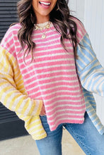 Load image into Gallery viewer, Multicolour Color Block Striped Patchwork Dolman Sleeve Slit Sweater