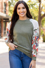 Load image into Gallery viewer, Laurel Green Floral Patchwork Long Sleeve Ribbed Blouse