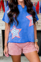 Load image into Gallery viewer, Sky Blue Patriot Star Patched Notched Neck Mineral Washed Tee