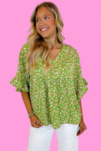 Load image into Gallery viewer, Green Floral Print Ruffle Sleeve V Neck Blouse Top