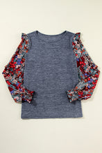 Load image into Gallery viewer, Blue Ruffle Tiered Floral Sleeve Crew Neck Blouse