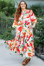 Load image into Gallery viewer, Orange Floral Print Drawstring V Neck Tiered Plus Size Dress