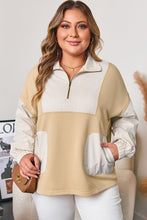 Load image into Gallery viewer, Khaki Stripe Mix Half Zip French Terry Plus Size Sweatshirt