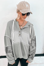 Load image into Gallery viewer, Gray Waffle Printed Patchwork Drawstring Hooded Long Sleeve Top