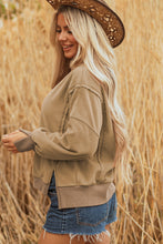 Load image into Gallery viewer, Dark Khaki Fuzzy Sherpa Splicing Pullover Sweatshirt with Side Slit