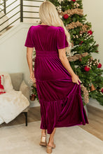 Load image into Gallery viewer, Chestnut Velvet Short Sleeve Shirred Waist Tiered Maxi Dress