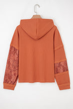 Load image into Gallery viewer, Gray Waffle Printed Patchwork Drawstring Hooded Long Sleeve Top