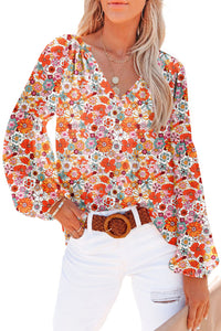 Golden Apricot Floral Print V Neck Long Puff Sleeve Top