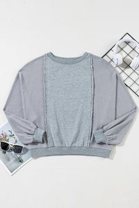 Light Grey Waffle Patchwork Long Sleeve Raw Hem Pullover Top