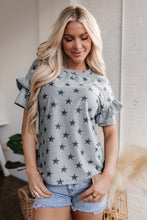 Load image into Gallery viewer, Gray Star Print Tiered Ruffled Sleeve Crew Neck T Shirt