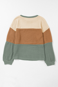 Green Stripe Textured Color Block Bubble Sleeve Baggy Top