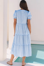 Load image into Gallery viewer, Sky Blue Stripe Bubble Short Sleeve Tiered Scallop Long Dress