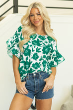 Load image into Gallery viewer, Green Floral Printed Ruffled Short Sleeve Round Neck Loose Blouse
