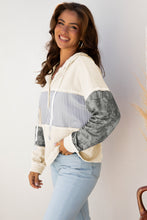 Load image into Gallery viewer, Gray Waffle Printed Patchwork Drawstring Hooded Long Sleeve Top