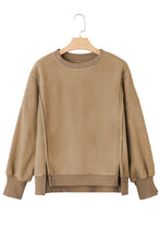 Load image into Gallery viewer, Dark Khaki Fuzzy Sherpa Splicing Pullover Sweatshirt with Side Slit