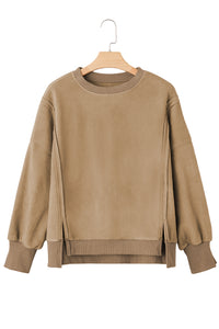 Dark Khaki Fuzzy Sherpa Splicing Pullover Sweatshirt with Side Slit