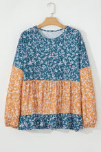 Load image into Gallery viewer, Orange Floral Color Block Ruffled Hem Round Neck Blouse