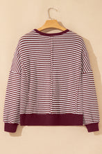 Load image into Gallery viewer, Red Stripe Ribbed Trim Drop Shoulder Long Sleeve Oversize Top