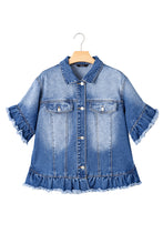 Load image into Gallery viewer, Peacock Blue Raw Edge Ruffled Short Sleeve Denim Jacket