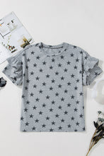 Load image into Gallery viewer, Gray Star Print Tiered Ruffled Sleeve Crew Neck T Shirt