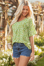 Load image into Gallery viewer, Green Floral Print Ruffle Sleeve V Neck Blouse Top