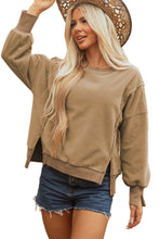 Load image into Gallery viewer, Dark Khaki Fuzzy Sherpa Splicing Pullover Sweatshirt with Side Slit