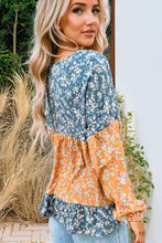 Load image into Gallery viewer, Orange Floral Color Block Ruffled Hem Round Neck Blouse