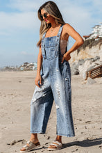 Load image into Gallery viewer, Stone Blue Distressed Bib Pocket Wide Leg Denim Overall