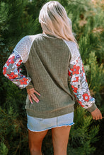 Load image into Gallery viewer, Laurel Green Floral Patchwork Long Sleeve Ribbed Blouse