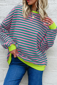 Blue Stripe Contrast Ribbed Trim Crossed Stitch Drop Shoulder Sweatshirt