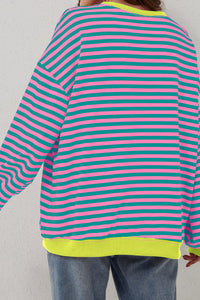 Blue Stripe Contrast Ribbed Trim Crossed Stitch Drop Shoulder Sweatshirt