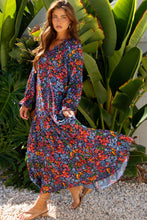 Load image into Gallery viewer, Blue Floral Print Tassel Tie V Neck Long Sleeve Flowy Long Dress