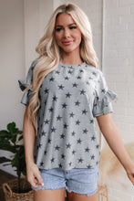 Load image into Gallery viewer, Gray Star Print Tiered Ruffled Sleeve Crew Neck T Shirt
