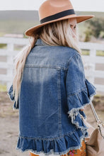 Load image into Gallery viewer, Peacock Blue Raw Edge Ruffled Short Sleeve Denim Jacket