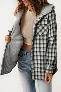 Black Plaid Pattern Sherpa Lined Hooded Shacket